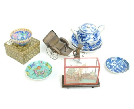 A group of various Oriental items including a white metal rickshaw scent stand, an architectural glazed diorama, a pair of sa