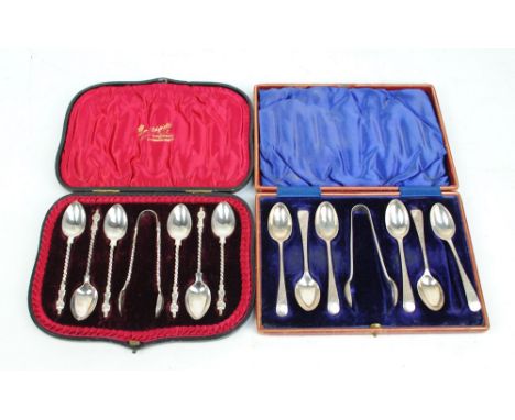 JOHN ROUND; a cased set of six Edward VII hallmarked silver teaspoons and matching tongs decorated with bright cut foliage, S