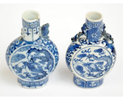 Two small late 19th/early 20th century Chinese porcelain pilgrim/moonflasks, painted in underglaze blue with dragon amongst c