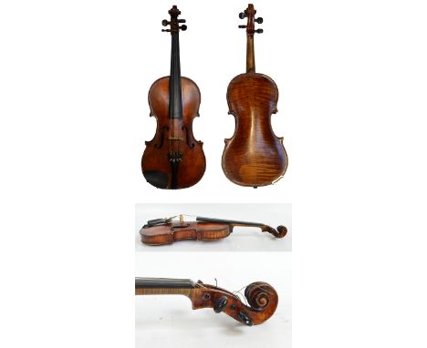 A good full size violin labelled 'E. Panormo, 1872', the two-piece back 35.9cm, cased with a bow.
