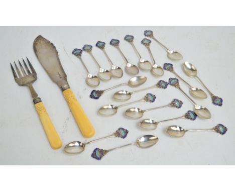 A pair of George V hallmarked silver bladed fish servers with ivorine handles, Sheffield 1913, length of knife 29cm, and a ma
