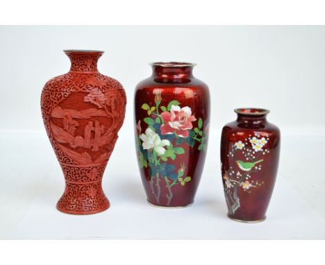 A 20th century Japanese ginbari and cloisonné enamel baluster vase, decorated with floral sprays on red ground, height 21.5cm