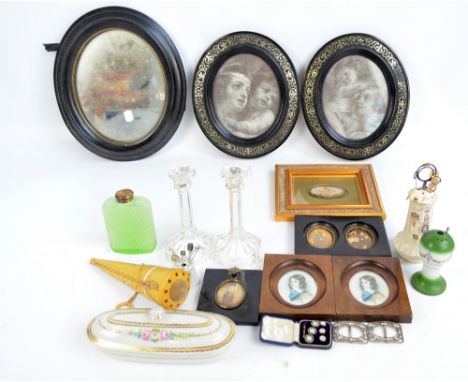 A mixed lot of collectors' items comprising three Victorian and early 20th century portrait photographs, two decorative black