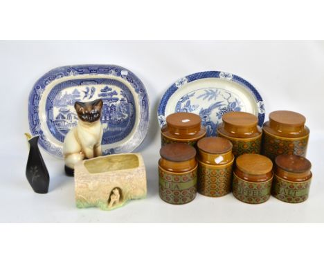 A set of seven variously sized Hornsea pottery storage jars in Bronte pattern, two blue and white platters, a Sylvac vase in 