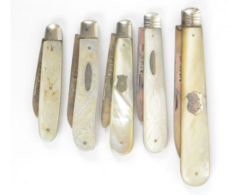 Five variously hallmarked silver bladed mother of pearl handled penknives including a Victorian example with a cartouche insc