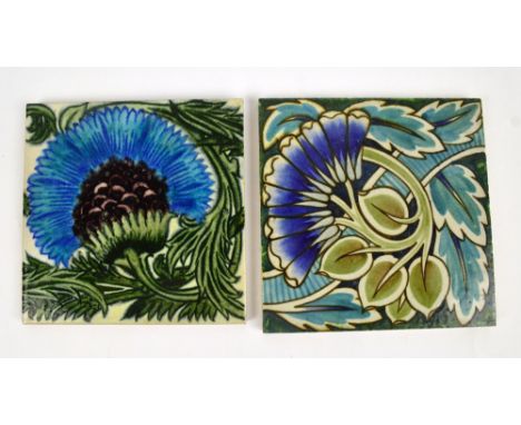 A matching pair of William de Morgan style tiles, each decorated with stylised floral sprays, one stamp Maw & Coe, each appro