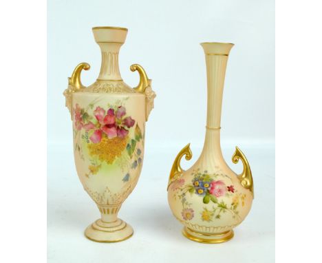 A Royal Worcester blush ivory globular twin handled vase with slender tapering neck, painted and gilt heightened with floral 