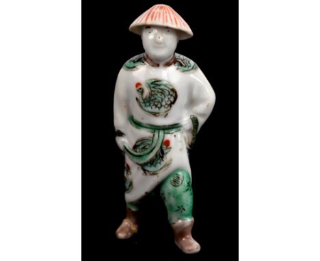 A 19th century Chinese Famille Verte porcelain joss stick/incense holder modelled as a figure of a Mandarin with his robes ov