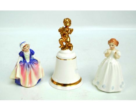 ROYAL DOULTON; two figurines of girls 'Catherine', HN3044, 'Dinky Do', HN1678 and a Royal Doulton ceramic bell with gilt wing