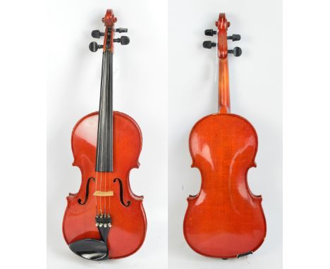 A Chinese Skylark full size violin, length of back 36cm, cased with bow.