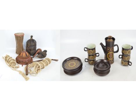 A mixed collectors' lot comprising some ethnic items including a mask, drums, gourd, rattle, a Denby 'Arabesque' coffee set, 