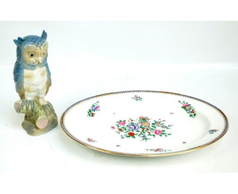 A Spanish Porcelanas Miquel Requena ceramic owl on a branch, height 28.5cm and large Spode Copeland's oval platter retailed b