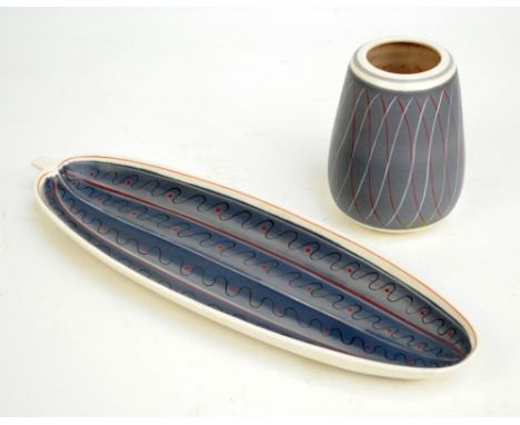 Two pieces of 1950s Poole pottery from the free form cucumber group, comprising a 684 shaped vase in PRB shape, with painter 