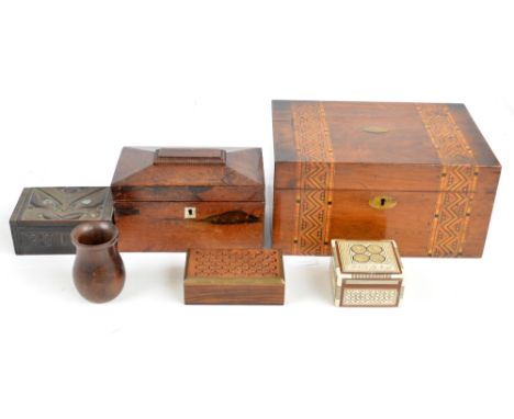 A late Victorian writing slope with two decorative bands, 29.5 x 21 x 14.5cm, a rosewood tea caddy with sarcophagus lid (af),