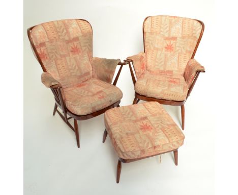 A set of three Ercol conservatory padded armchairs and a pair of matching footstools (5).