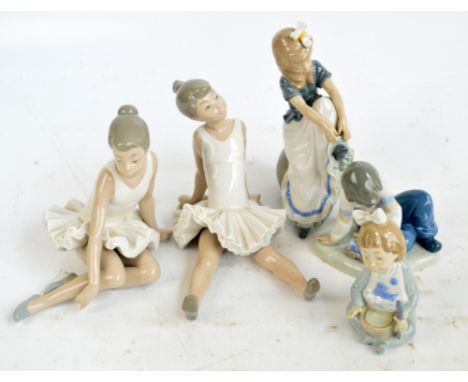 Five Nao figures; two seated ballerinas, a girl seated on a jar, a boy with a train and a small child eating (5).   CONDITION