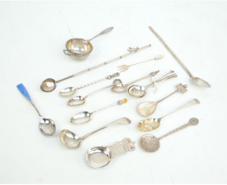 A collection of hallmarked silver and sterling silver spoons including a sifting spoon, Mappin & Webb, Sheffield 1935, a tea 