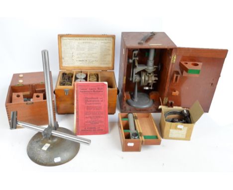 A cased Hilger refractometer, a C. Baker of London binocular microscope on circular weighted adjustable stand, a Beck of Lond