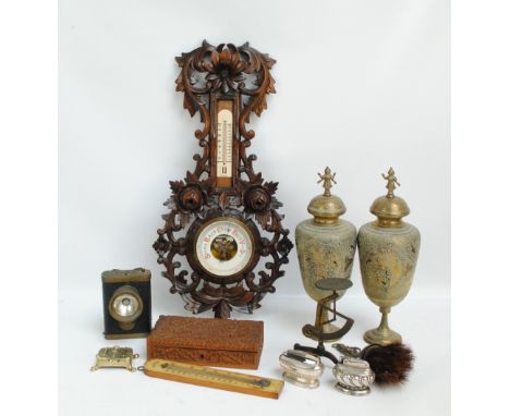 A quantity of collectors' items to include a pair of Eastern brass small lidded urns, a Eastern carved teak box scales, two R