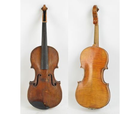 A full size German 'Concert' violin, Stradivarius copy with label, branded to scroll, the two-piece back 35.9cm.   CONDITION 