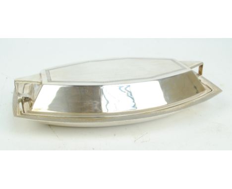 SIR JOHN BENNETT LTD; an Art Deco George VI hallmarked silver shaped entree dish with part engine turned geometric decoration