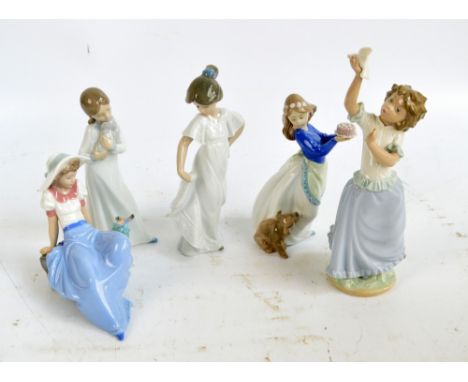 Five Nao figures; two girls with birds, a girl with a puppy, a girl dancing and a girl with a dog and cake (5).   CONDITION R