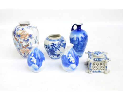 A group of Japanese ceramics including a pair of Fukagawa ovoid floral decorated vases, a further similar example, 19.5cm and