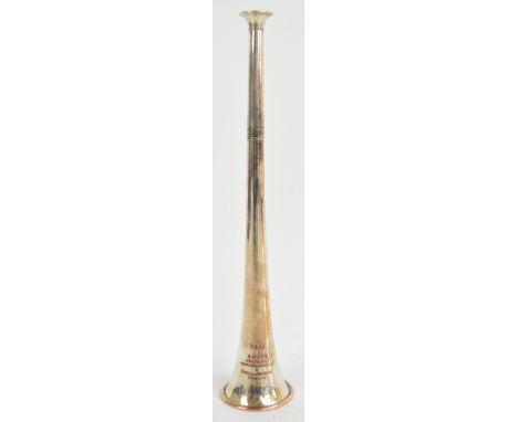 An electroplated hunting horn, engraved 'A.Hays Manufacturer, 4 Royal Exchange Buildings and 26 Old Bold Street, W, London', 