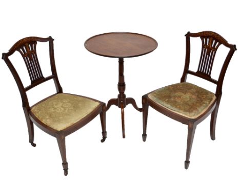 Two matching Edwardian mahogany chairs with inlaid floral and swag decoration to splat back, inlay to squared tapering legs t