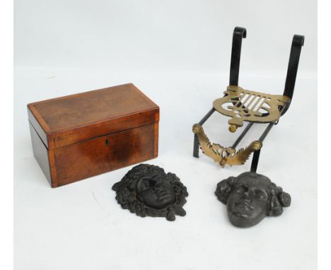 A small quantity of collectors' items comprising a brass and metal trivet with sliding parts and hook over back, a Victorian 