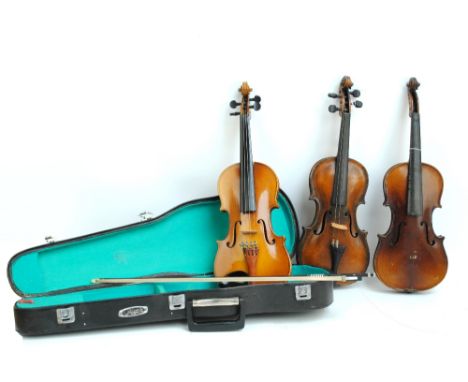 A half size German violin branded 'Stainer' below the button, length of back 31.7cm, a half size Stradivarius copy, 31.7cm an
