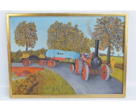 A.W. CHESHER; oil on board, 'Steam Engine Pulling Military Wagons', signed and inscribed on Arthur Jeffress Gallery of London