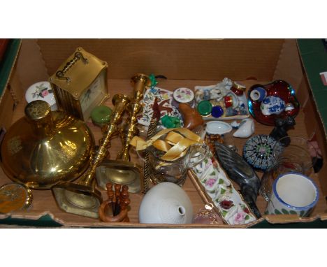 A box of miscellaneous items to include pair of turned brass candlesticks, modern carriage clock, various china ornaments etc