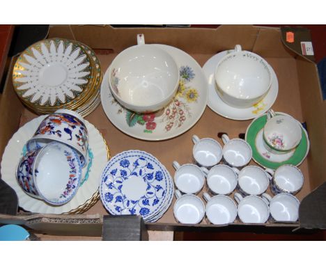 A box of miscellaneous tea and dinner wares to include a large Copelands Spode teacup and saucer in the Reynolds pattern, Cro
