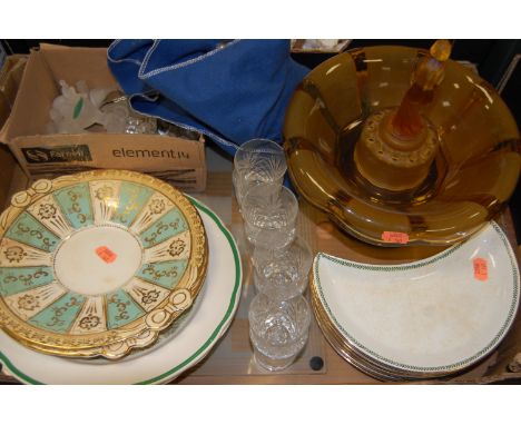 A box of miscellaneous items to include; Victorian dessert plates, Copeland Spode dinner plates, loose flatware etc