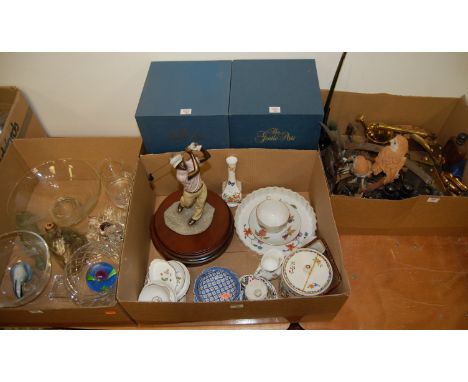 Three boxes of miscellaneous china, glassware, and metalware to include The Leonardo Collection Ladies Day golfing figurine, 