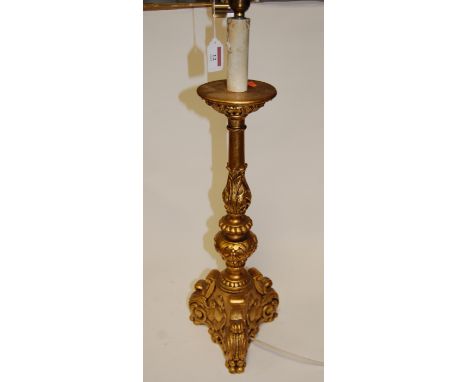 A Rococo style giltwood table lamp base, h.85cm (including fittings), with silk shade