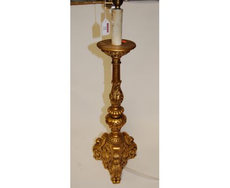 A Rococo style giltwood table lamp base, h.85cm (including fittings), with silk shade