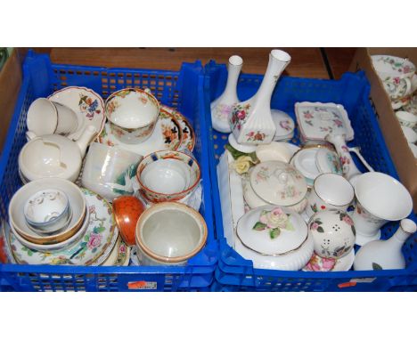 Two boxes of miscellaneous china to include a small Wedgwood Hathaway Rose bottle vase, trinket jars and covers, teawares etc