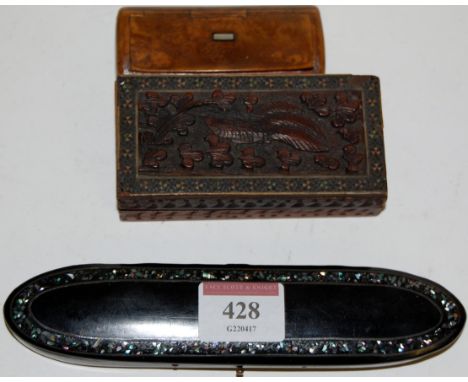 A Victorian papier-mâché spectacle case; together with a 19th century burr yew snuff-box; and a carved wooden box and cover (
