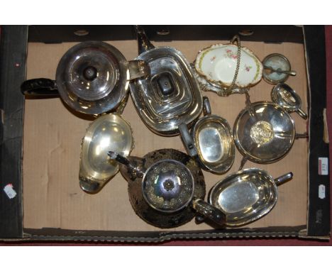 A box of miscellaneous items to include; early 20th century four piece silver plated tea service etc 