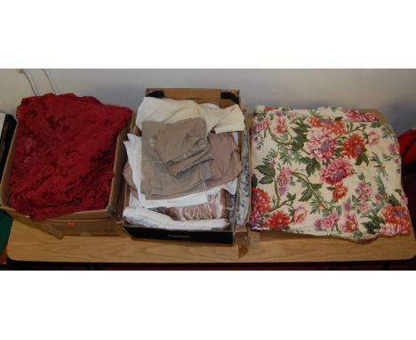 A collection of assorted silk damask lined curtains with tie-backs; together with various other floral curtains and linen etc