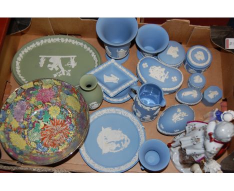 A box of miscellaneous china to include Royal Doulton figure Dinky Doo HN1678, Wedgwood green jasper ware plaque, various oth