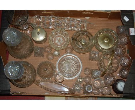 A box of miscellaneous glassware to include; mallet shaped decanter and stopper etc