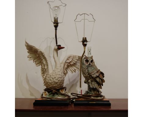 A large modern Florence limited edition resin figural table lamp base in the form of a swan, No.537/5000; together with one o