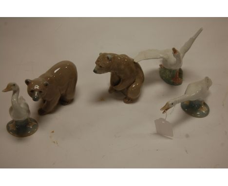 Five various Lladro figures to include; 3x Geese and 2x Bears