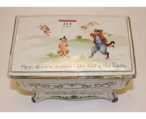 A Royal Doulton for Huntley & Palmer's Nursery Rhymes biscuit barrel and cover, in the form of a French commode, printed lion