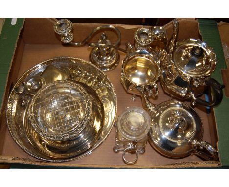 A box of miscellaneous silver plated wares to include; three piece tea service, four division toast-rack in the form of a swa