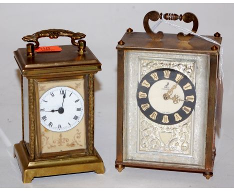 A late 19th century brass cased carriage clock, having enamelled dial with Arabic numerals (dial a/f); together with one othe