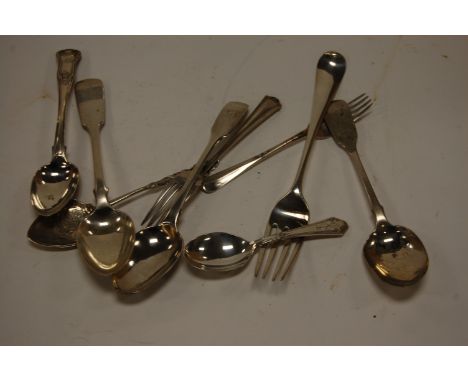 Assorted silver flatwares to include table fork, caddy spoon, dessert spoons, various dates and makers, 9.3oz